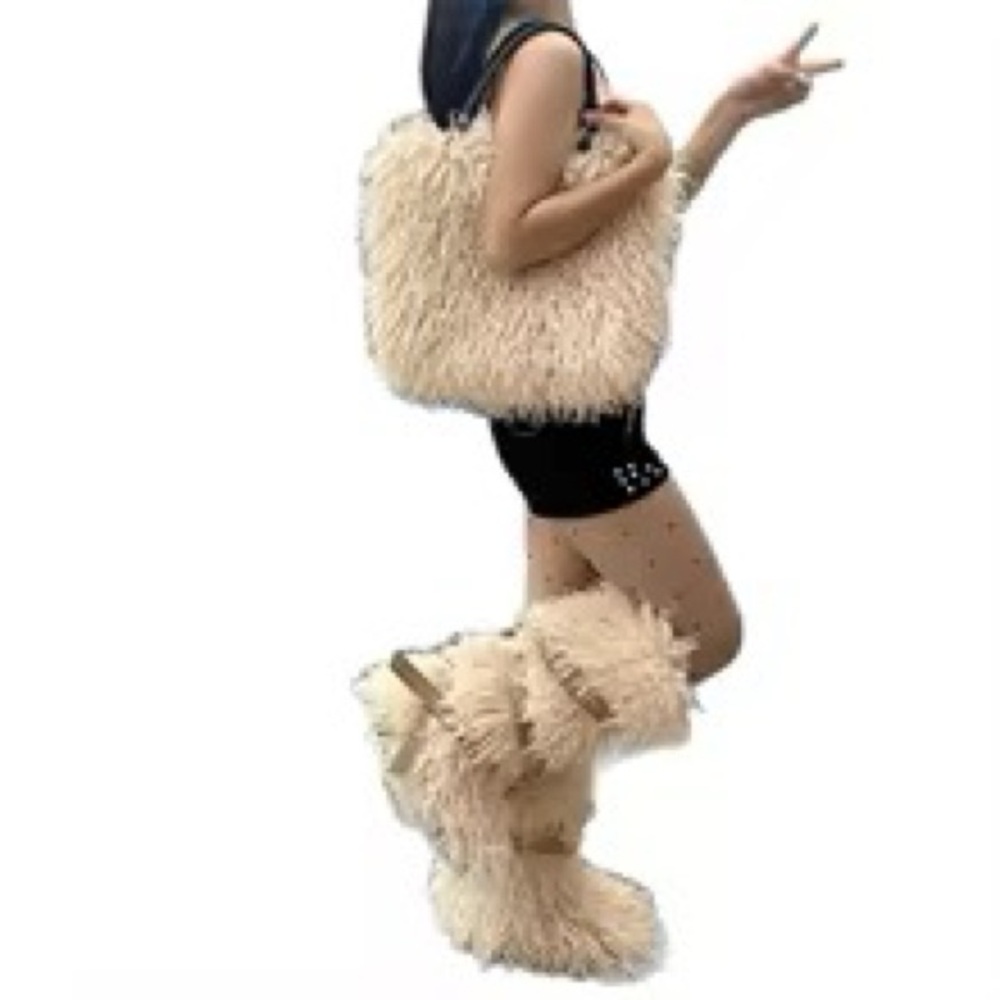 Faux Fur Cream Bag and Boot Set 2 piece